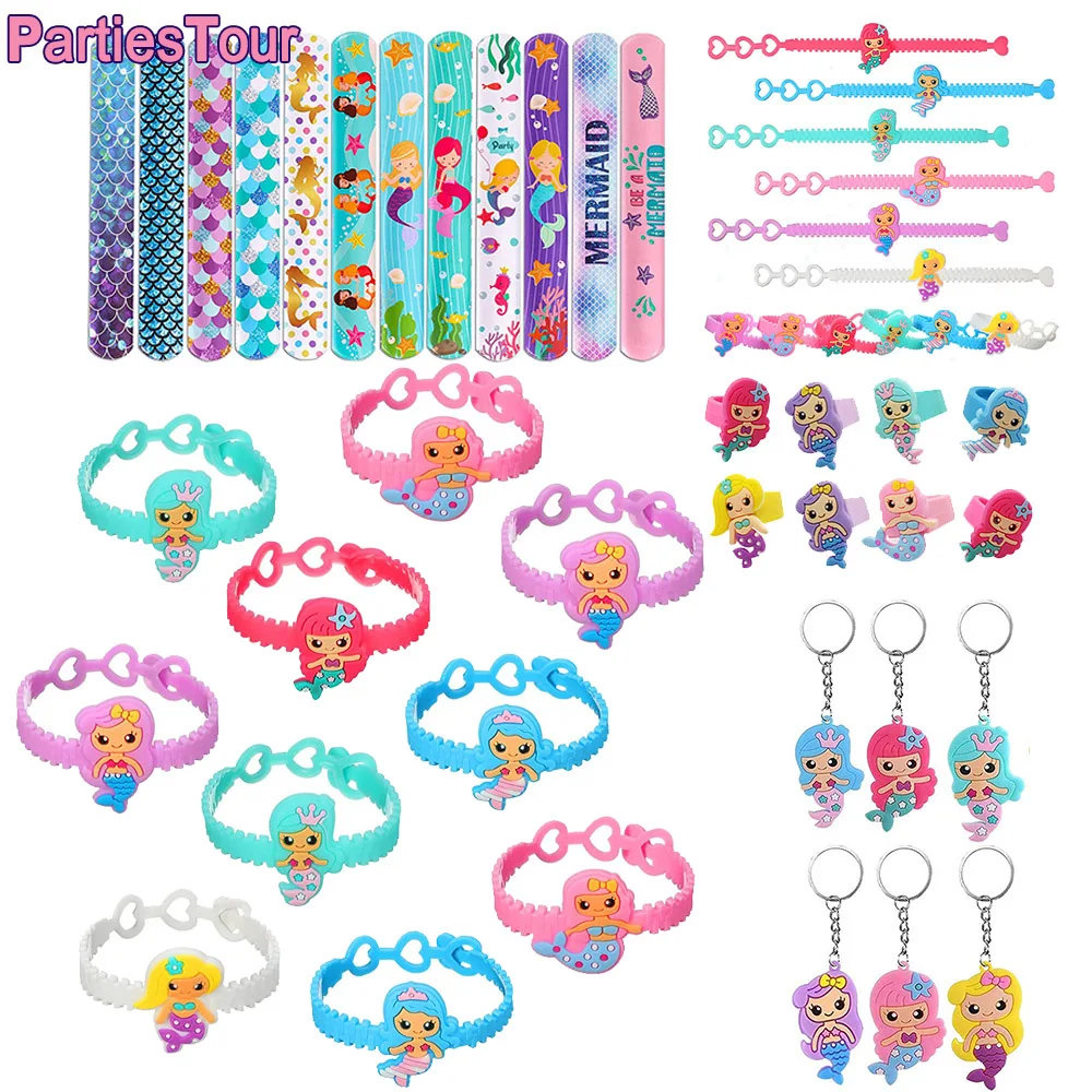 

12 Pcs Mermaid Party Favors Mermaid Slap Bracelets for Kids Girls Keychain Rings Under The Sea Mermaid Toys Birthday Party Gifts