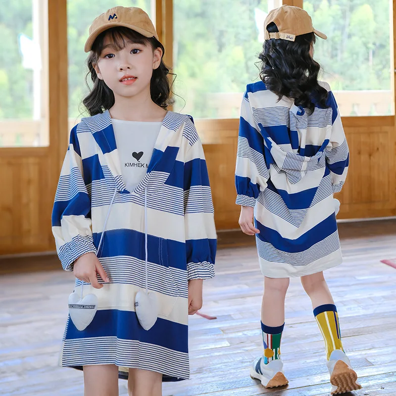 

Осеннее хлопковое платье для девочек 8-10 лет, свободные топы в полоску с капюшоном, модная повседневная осенняя одежда для девочек-подростков