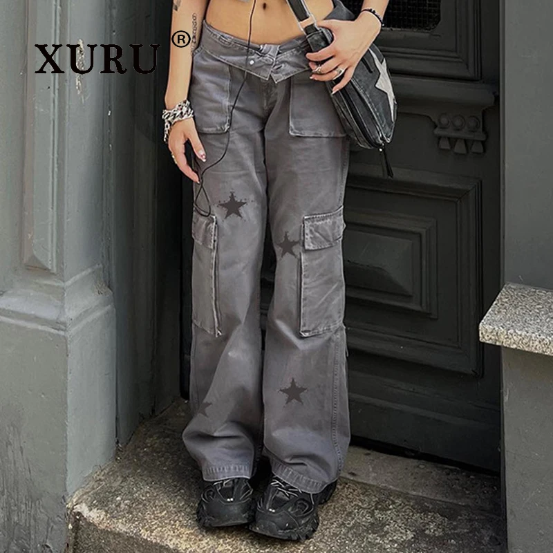 

XURU - European and American New Street Retro Low Rise Jeans for Women, Star Print Large Pocket Straight Casual Pants K1-782