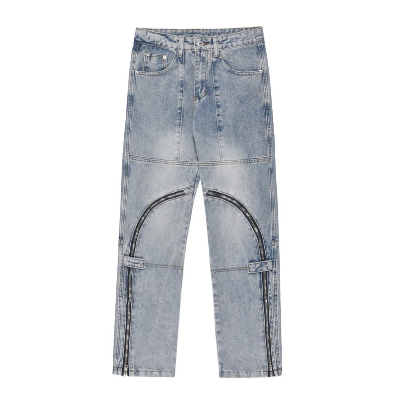 Men's Jeans Legs Arc Zipper Jeans Loose Design Sense Zipper Straight Pants Hip-hop Wide-leg Pants Ins Hot Sale Streetwear Men