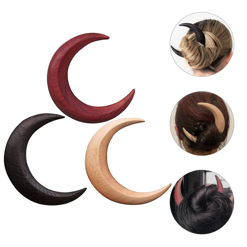 

3 Pcs Moon Hair Fork Barrette Wooden Updo Stick Bun Styling Comb Creative Ladies Tiara Accessories
