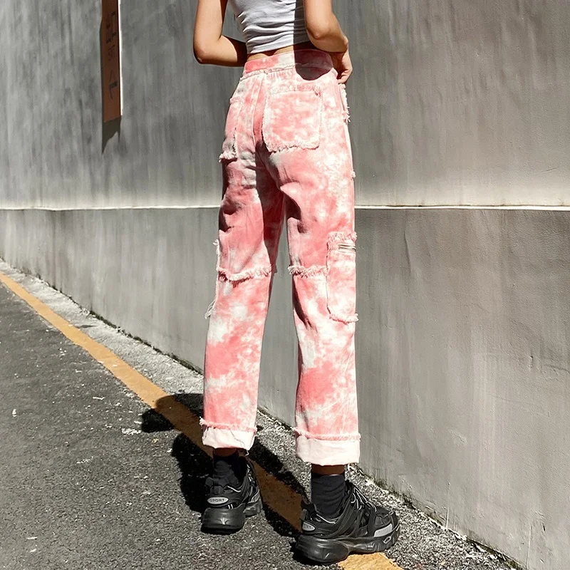 2021 New fashion Hip hop Zipper pants Tie Dye Jeans Women Pocket High Waist Denim Pants Casual Fashion Long Trousers Streetwear