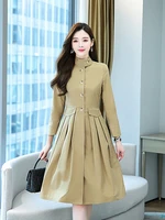 british style women khaki dresses single breasted stand collar empire one piece dress with side pockets knee length outfits 2022