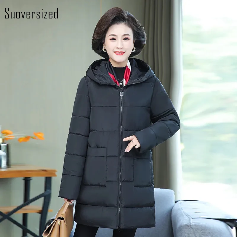 

Oversized 6XL Winter Black Hooded Thicken Mid-long Woven Windbreaker Middlen Aged Mom Full Sleeve Zipper Warm Snow Wear Overcoat