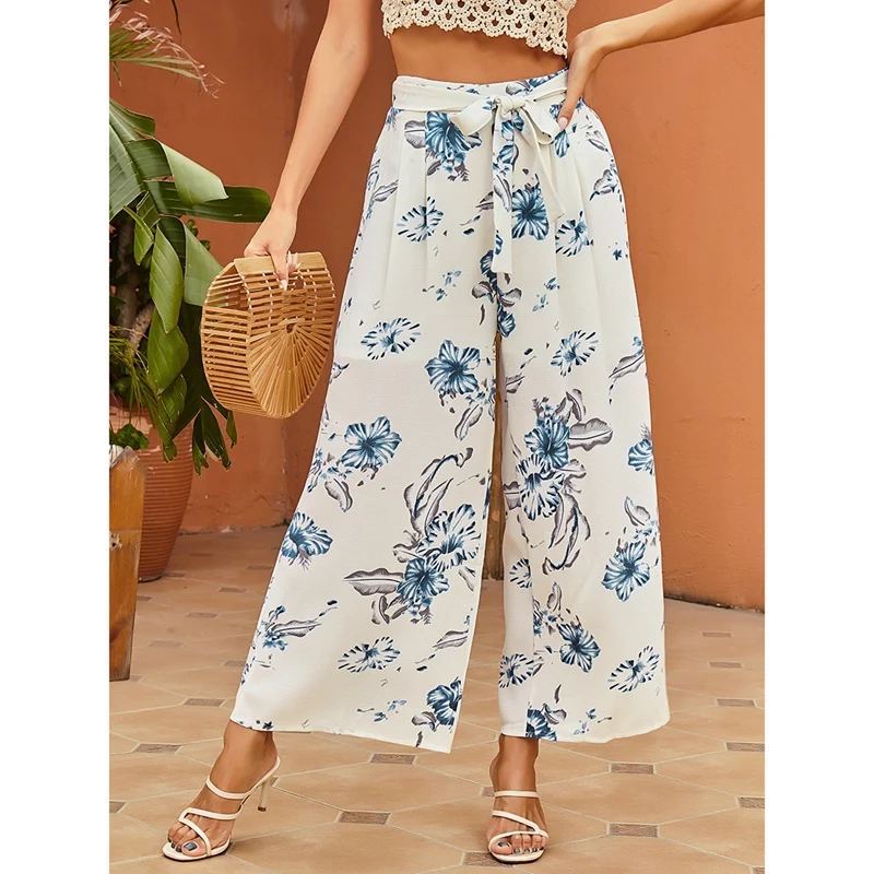 

Women's Printed Wide Leg High Waist Loose Straight Pants White