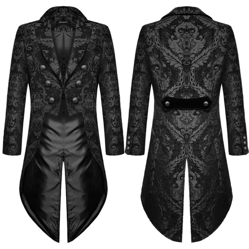 

Fashion Men's Gothic Steampunk Tail Jacket Black Brocade Brocade Wedding Coat
