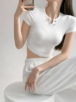 y2k tees women fashion tight v neck short sleeve t shirt with pin summer new high waist navel cropped tops bottoming