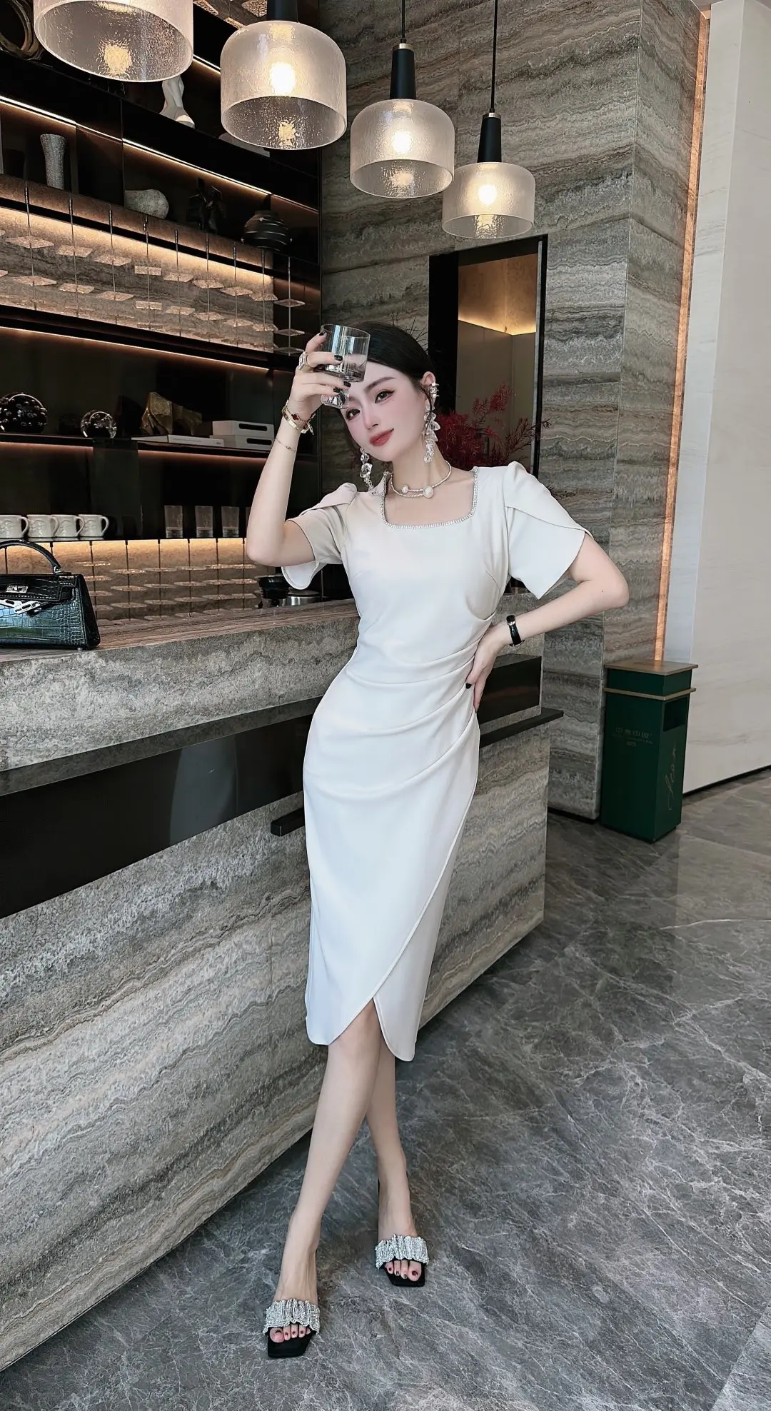 2023 spring and summer women's clothing fashion new Square Collar Short Sleeve Dress 0526
