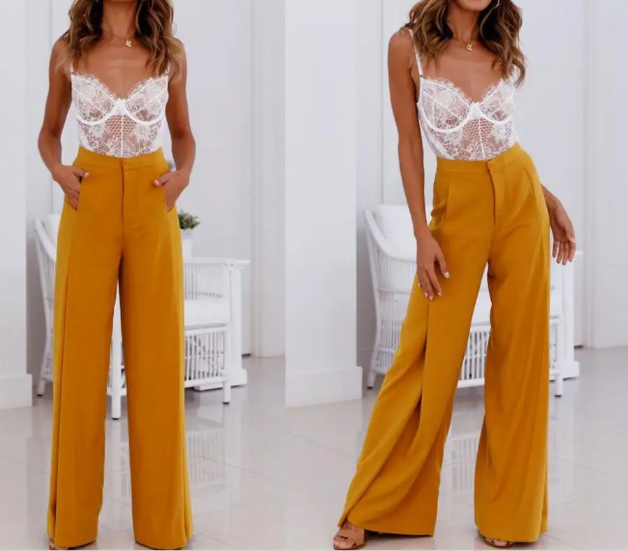 

Summer pants Women Solid High Waist Belted Zipper Palazzo Pants Waist Ruffle Wide Leg Pants Women Elegant OL Style Trousers