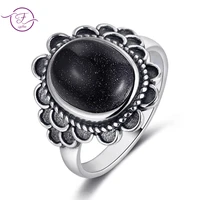 retro flower shaped natural blue sandstone rings for women silver black stone jewelry party wedding engagement birthday gift