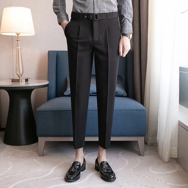 

Pantalones plisados de 9 partes para hombre, moda coreana hasta el tobillo, ropa de calle, pantalones casuales, Pantalones Chino