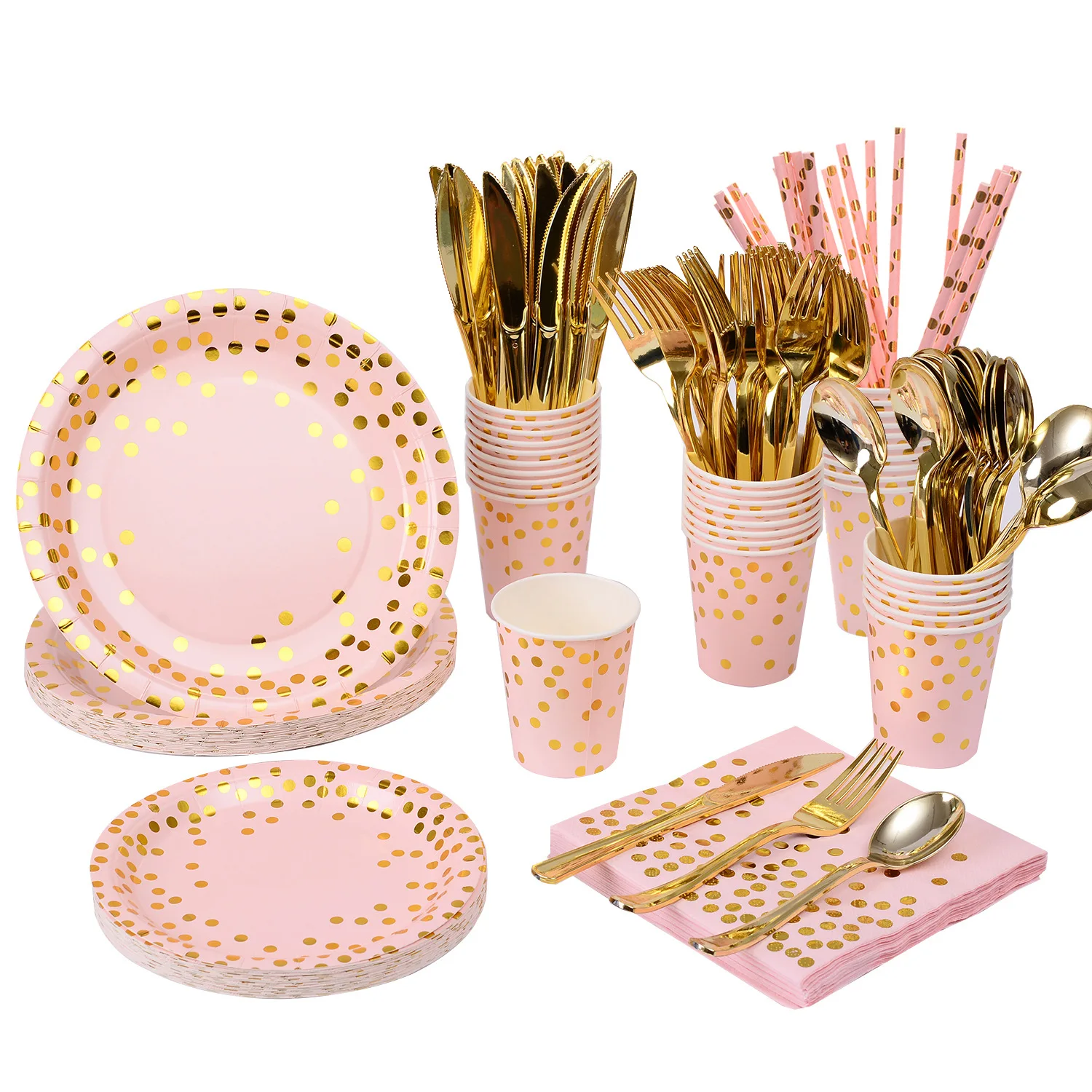 

200 PCS Serves 25 Gold Dot Light Pink Tableware Set,Disposable Party Paper Straws Napkins Plates Cups Cutlery Girl Baby Shower