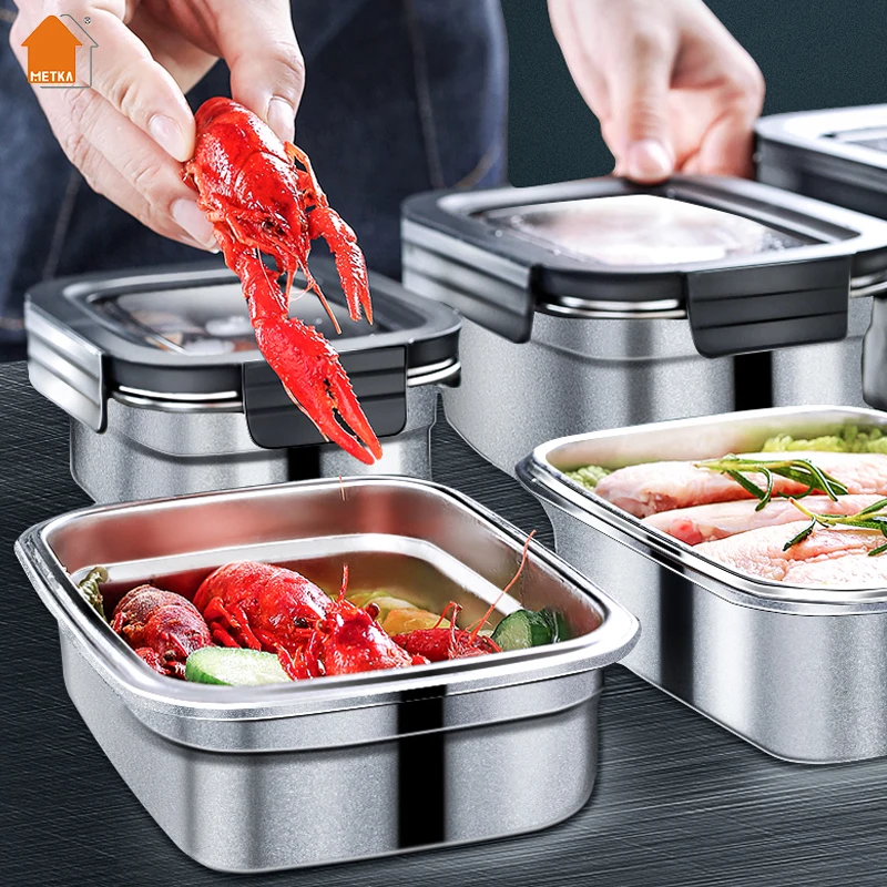 

METKA 304 Stainless Steel Pickle Box Refrigerator Food Storage Containers with Airtight Seal Lids, Lunch Box Kitchen Organizer