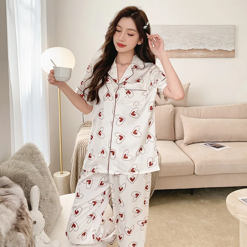 New Pajamas Women's Summer Short-sleeved Trousers Suit Home Service Comfortable and Breathable Loungewear with Turn-over Collar