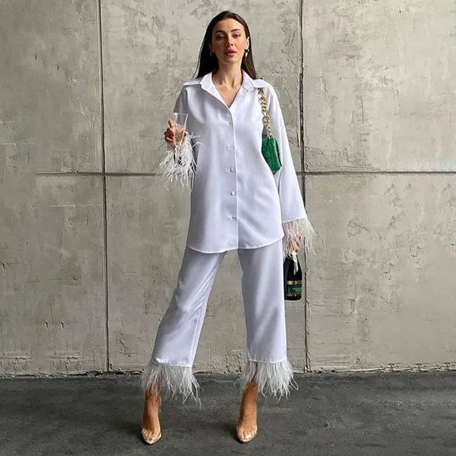 Fashion Feather Spliced Trouser Suits 