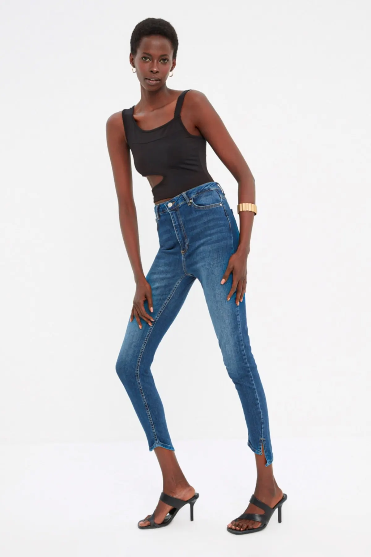 

Женские джинсы, темно-синие узкие прямые брюки полной длины с высокой талией, уличная одежда, женские джинсы на молнии с пуговицами