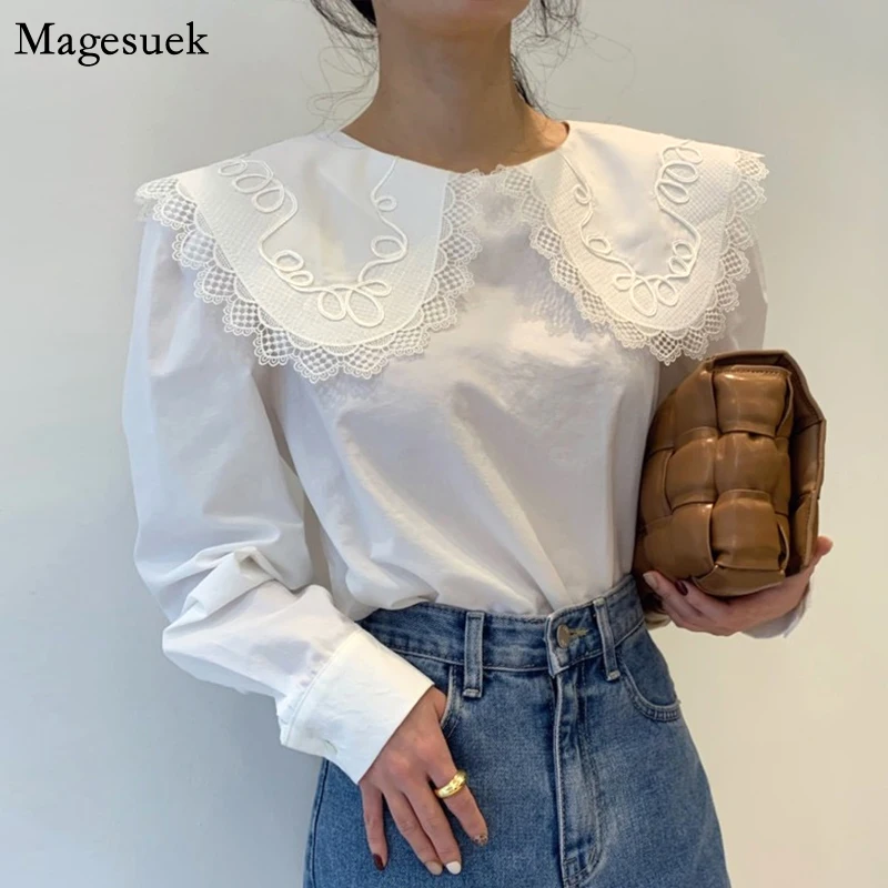 

Chic White Lace Women's Shirt Peter Pan Collar Sweet Vintage Blouse Women Loose Elegant Cotton Tops Long Sleeve Shirts New 19623