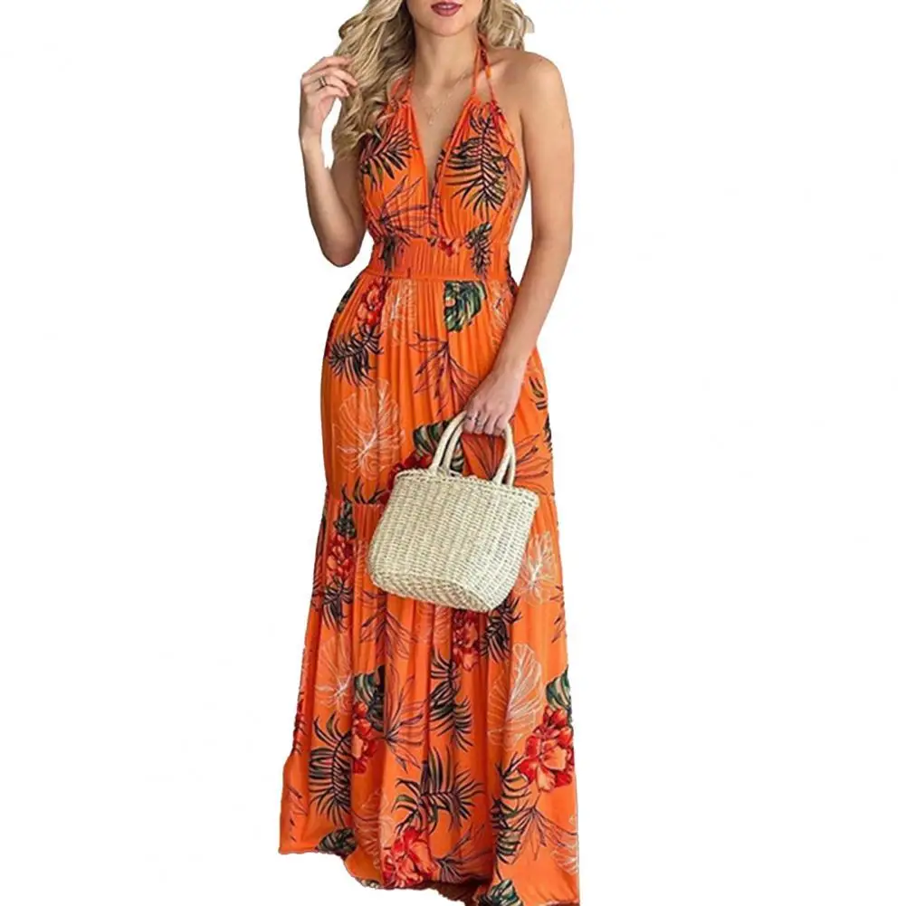 

Women Dress Floral Print Halter Summer Backless Large Hem Dress for Beach