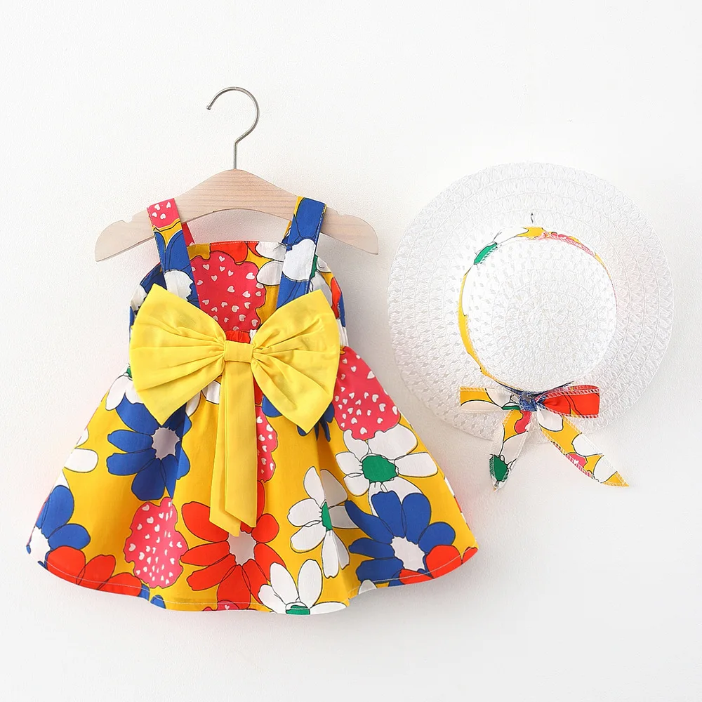 Melario Summer Outfit Toddler Girl Dresses Korean New Cartoon Cute Print Cotton Baby Princess Dress + Sunhat Newborn Clothes Set