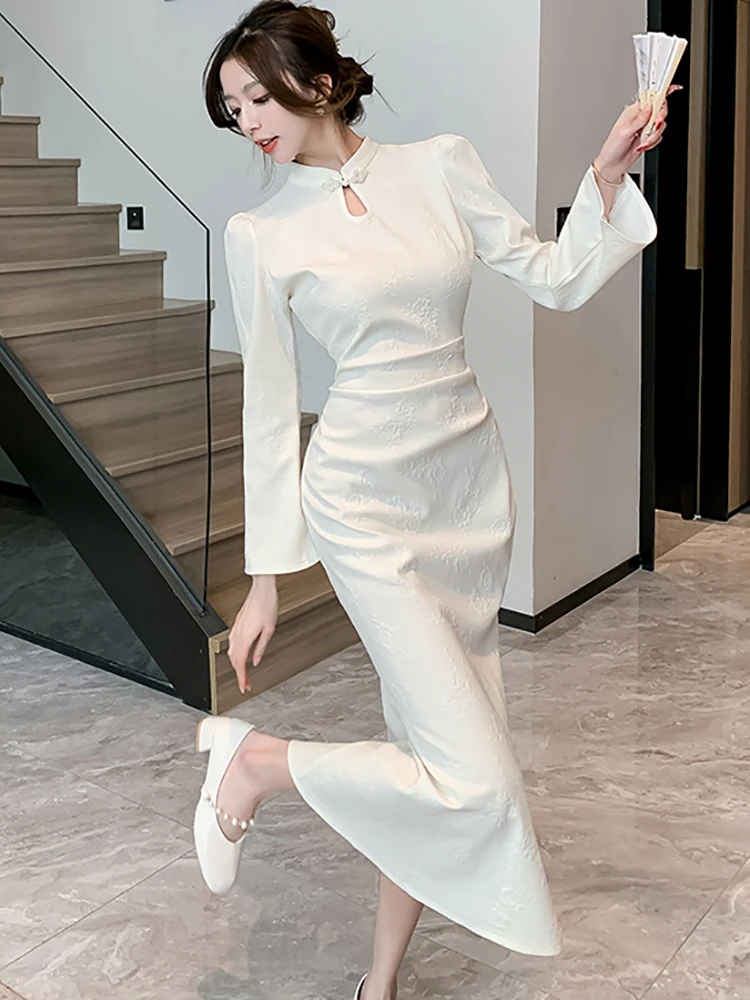 Женское жаккардовое платье с длинным рукавом в Корейском стиле