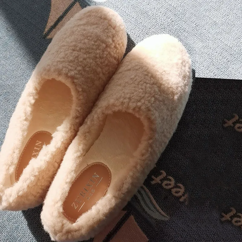 White Ladies Traf Loafers Warm Cotton Footwear Winter Slip On Sheep Fur Flats Women Lambswool Wool Shoes Mocasines Mujer