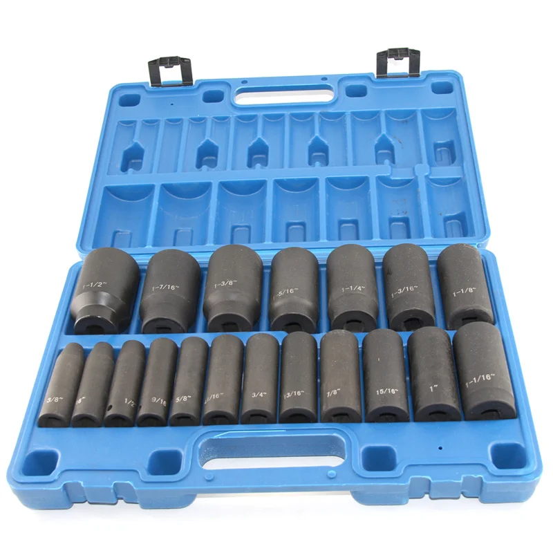 19pc 1/2'' Deep Impact Socket Set 6-Point Sockets Rugged Construction 3/8'' - 1-1/2'' Cr-V, 1/2'' Inches Drive Socket Impact Set