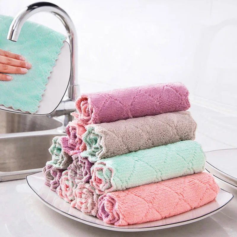 

5Pcs/10Pcs Double-Sided Dishcloth MicroFiber Cleaning Cloth Rags Absorbent Kitchen Cloths Kitchen Towel Household Tools