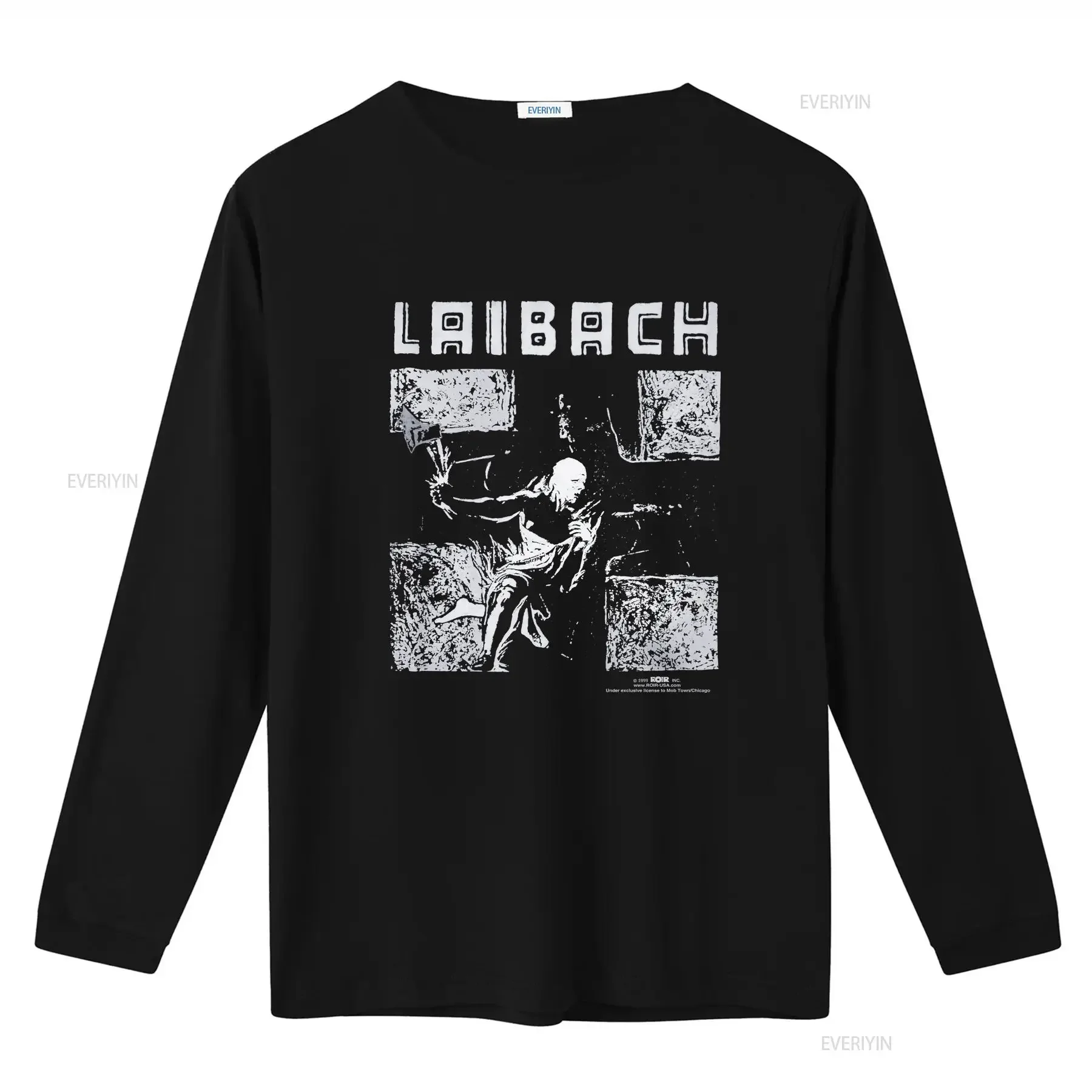 Фото Винтажная футболка LAIBACH RIBACH с принтом спереди, круглым вырезом и коротким рукавом, черная, б/у, винтажная, с эффектом потертости, удобная, мягкая, стильная №3