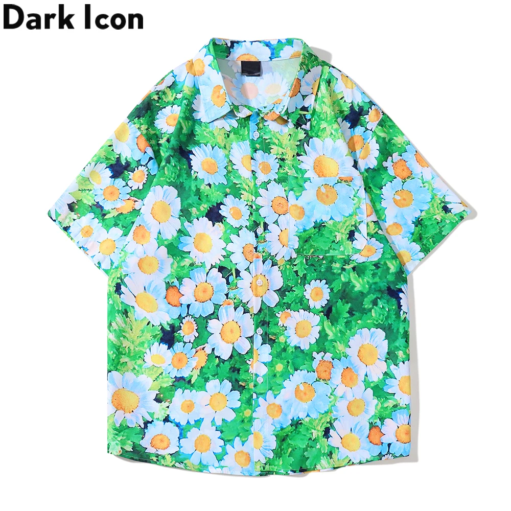 

Гавайская рубашка с цветочным принтом Dark Icon, мужские и женские летние рубашки из тонкого материала на пуговицах, праздничные пляжные рубашк...