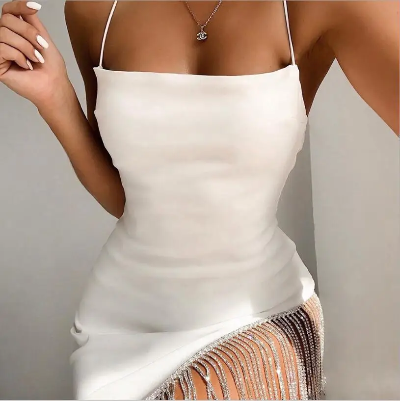 

Sexy Tassel Diamonds Party Dress Fashion Women Spaghetti Straps Backless Split Bodycon For Women High Quality Elegant Dress