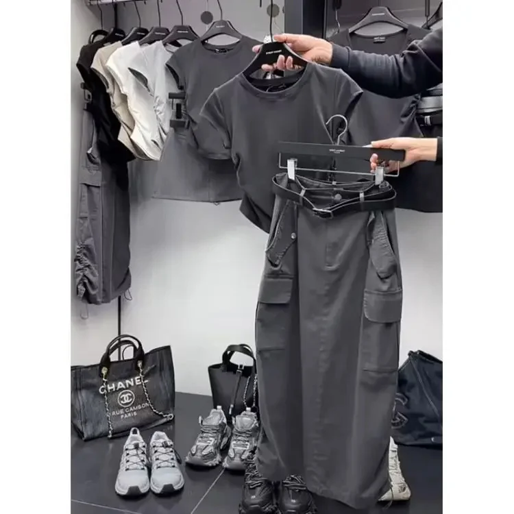 

Летний женский костюм с юбкой, американская Ретро облегающая футболка без рукавов, топ с высокой талией, длинная юбка-карго, комплект из двух предметов, женская одежда