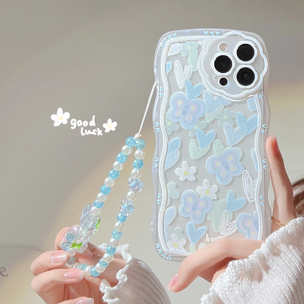 

Ins Blue Butterfly Wavy Border Lanyard Phone Case Coque For iPhone 13 Pro Max 12 11 Xr Xs Max X 7 8 Plus Cute Back Cover Fundas