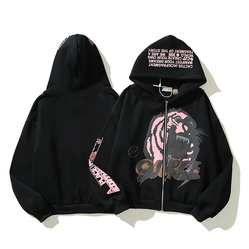 

Couple Clothes Travis Scott Letter Tiger Print Fleece Zipper Hooded Hoodies Men and Women Stranger Things Oversized Hip Hop 2022