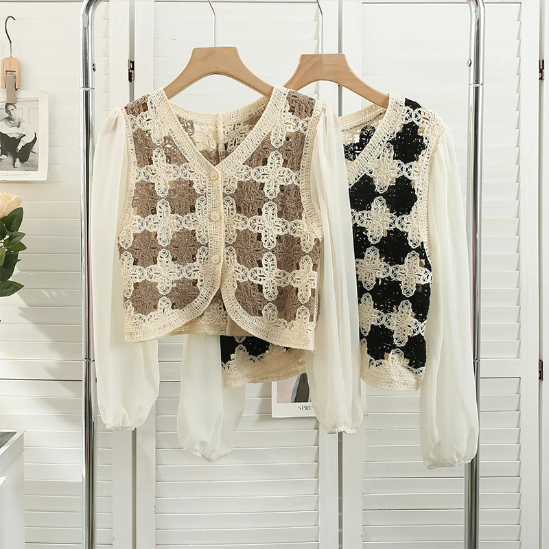 

Boring Honey Crochet V-Neck Women Clothing Chiffon Sleeve Splicing Chic Fashion Women Blouses Single-Breasted Long Sleeves Tops