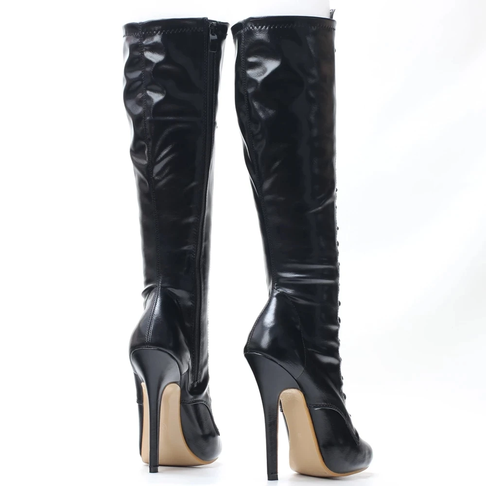 14CM High Heel Pointed toe Solid PU Leather Side Zip Women Fetish Cosplay Party Knee-high Boots