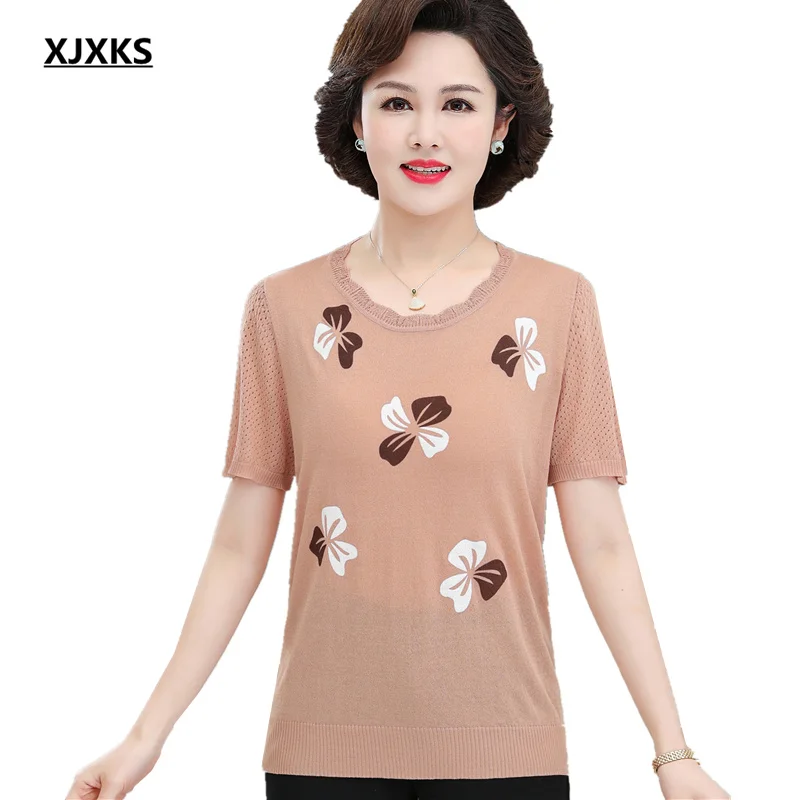 

XJXKS 2021 Summer T Shirts Women Short-sleeved T-shirt High-quality Comfortable Knitted Thin Top Ropa Mujer Verano 2022