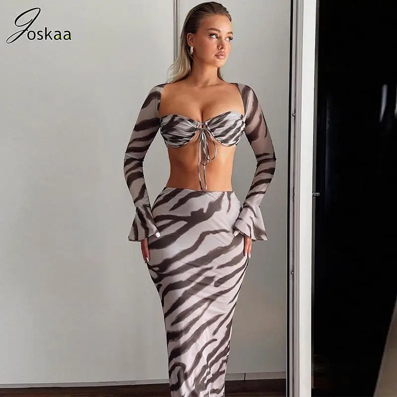 

Joskaa Zebra Print Two Piece Set Women Sexy Long Flare Sleeeve Backless Crop Top and Maxi Skirt Suits 2023 Festival Streetwear