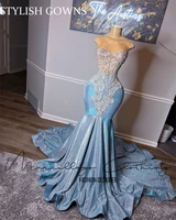 sky blue o neck long prom dresses for black girls 2022 appliques evening dress beaded birthday party gowns mermaid robe de bal