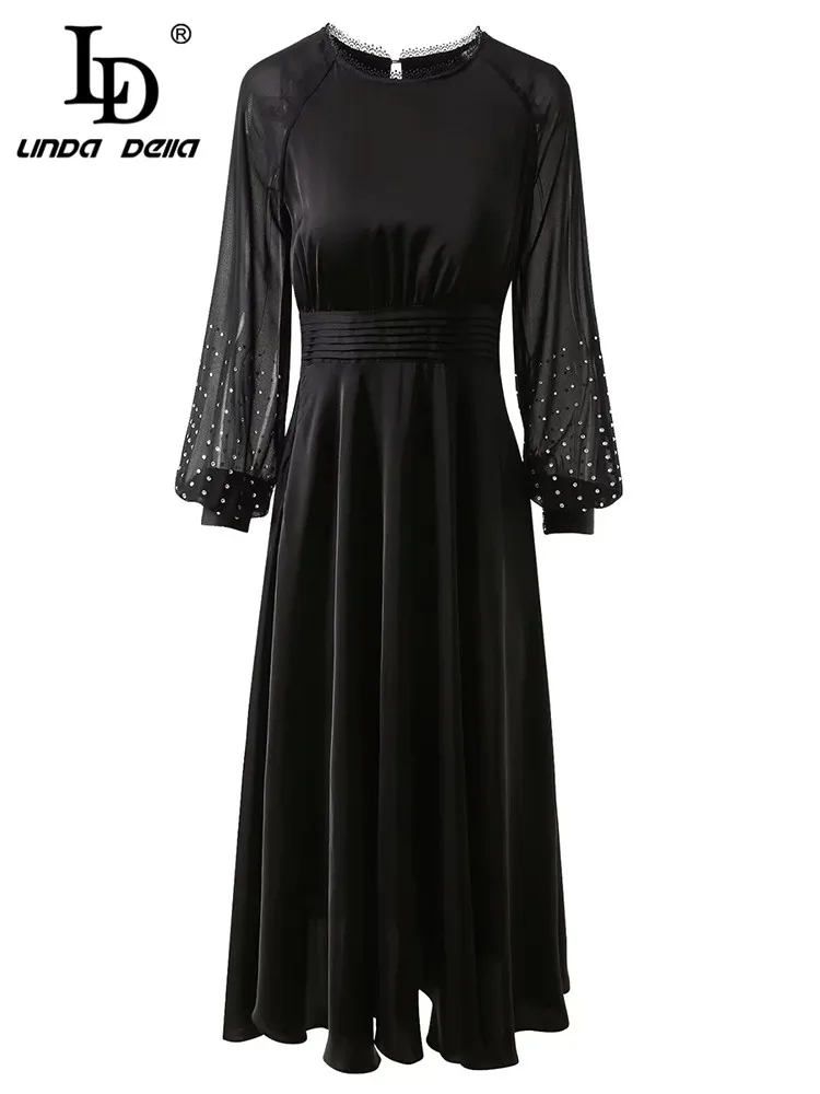 

LD LINDA DELLA модное подиумное дизайнерское весеннее женское платье с рукавами-фонариками, бриллиантами и высокой талией, черное Вечерние Длинное Платье