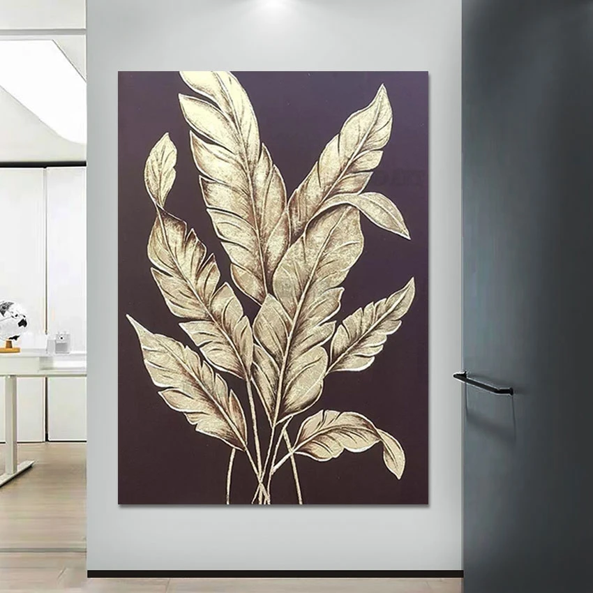 

Texture Gold Foil Design Feathers Picture Hand-painted Golden Abstract Acrylic Painting Canvas Wall Poster Art Modern Murals Art