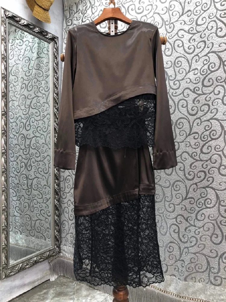 

Tops Fashion Designer Clothing Sets 2023 Summer 2 Piece Skirt Suit Women Lace Patchwork Long Sleeve Tops Blouse+Midi Skirt Sets