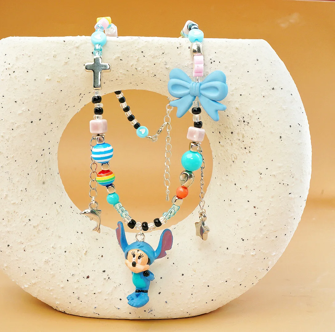 

Original Disney Mickey Mouse Cartoon Pendant Sweater Chain Cute Colorful Beads Mickey Childish Necklace Fashion Jewelry Gifts