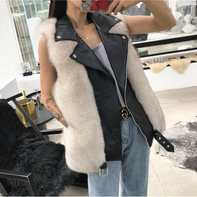 genuine leather vest sheepskin jacket whole skin real fox fur gilet women sleeveless black coats dames jassen winter
