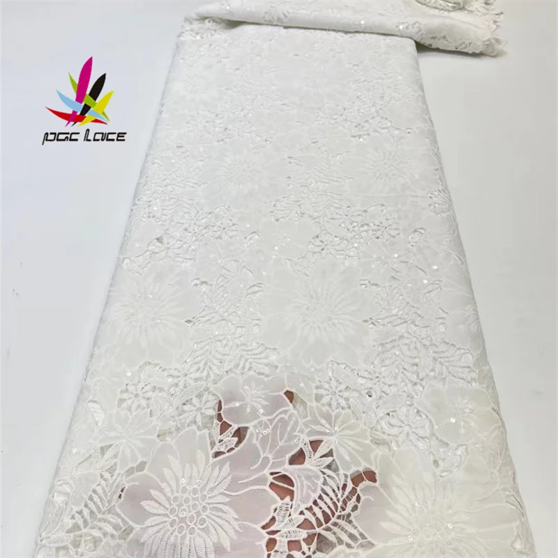 

White Dry Lace Fabric Ciffon Popular Nigerian Dress Advanced Tulle Mesh Sewing Fabric African Voile 5Yards/Lot for Party Dres