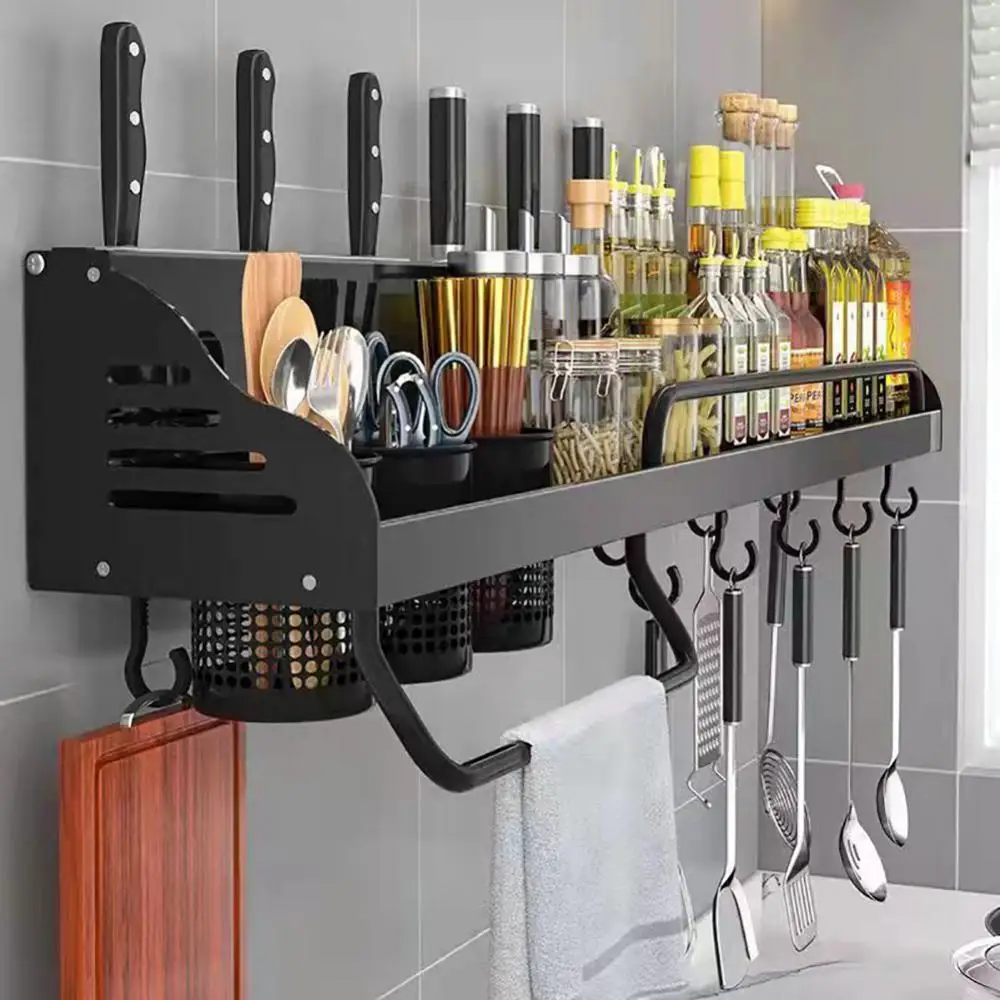 

Punch-Free Kitchen Storage Shelf Spice Racks Multifunctional Wall-Mounted Space Aluminum Knife Holder Hooks Kitchen Organizer