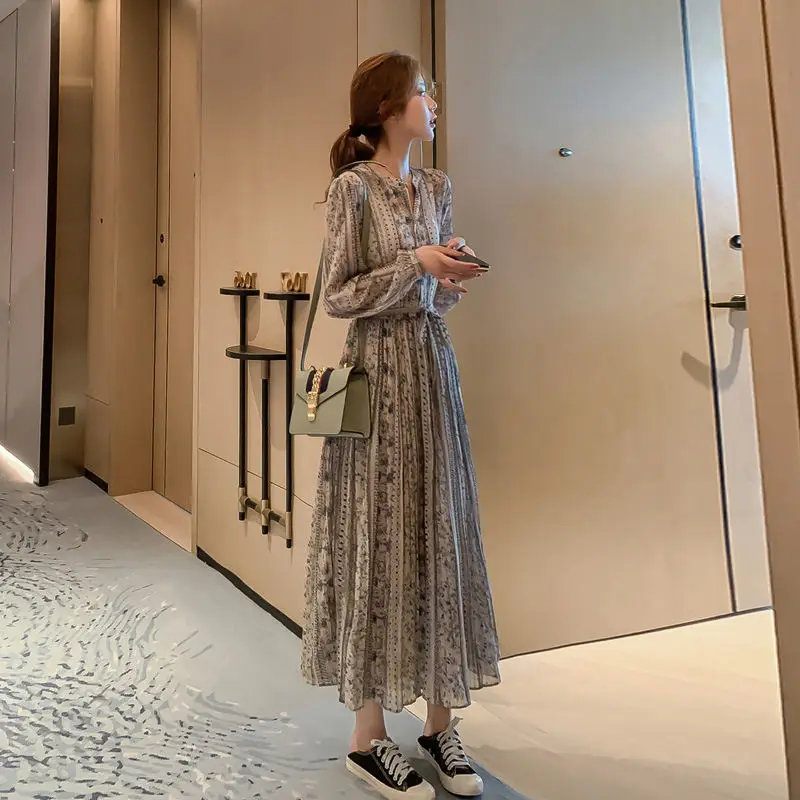 

French Floral Women Unif Party Print Boho Chic Slim Dress Spring Autumn Flower Clothing Long Sleeve O-Neck 2021 Dresses