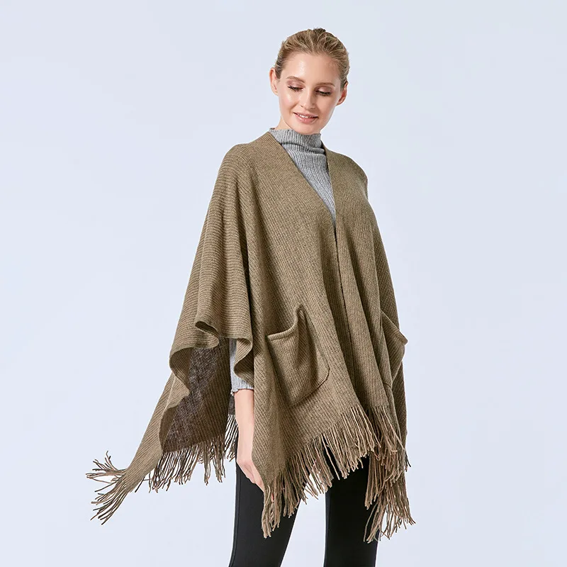

2022 New Spring and Autumn with Pocket Tassel Shawl Cloak Female Office Pocket Shawl Warm Multi-purpose