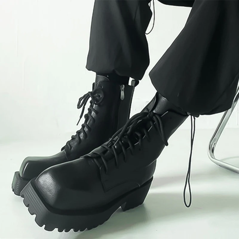 Unisex Big Square Toe Gear Soles Leather Ankle Boots Woman Winter 2022 Black Slip On Boot Female Fashion Shoes for Women