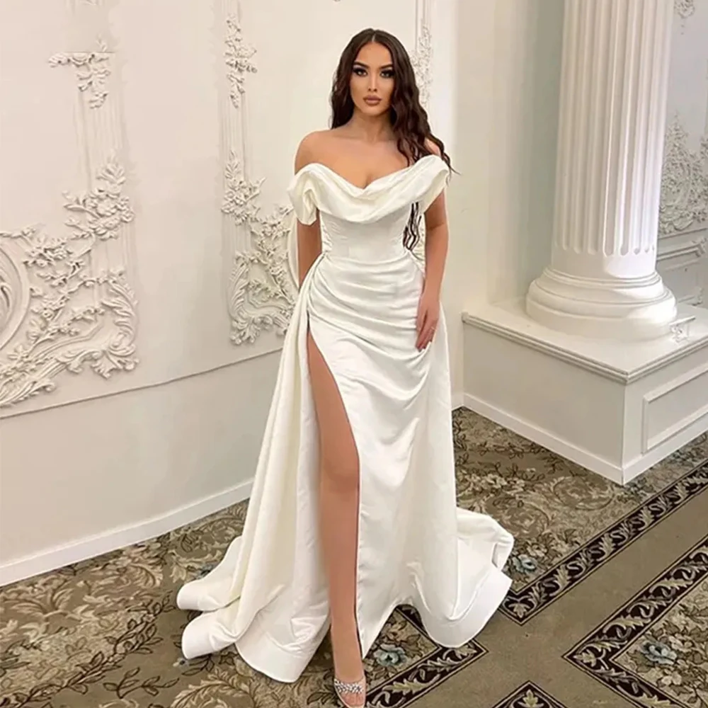 Eleganti Abiti Da Sposa In Raso Per Nastri Da Sposa Principessa Backless Off Spalla Alta Divisa Abiti Da Sposa Civili Cappella Treno 2023