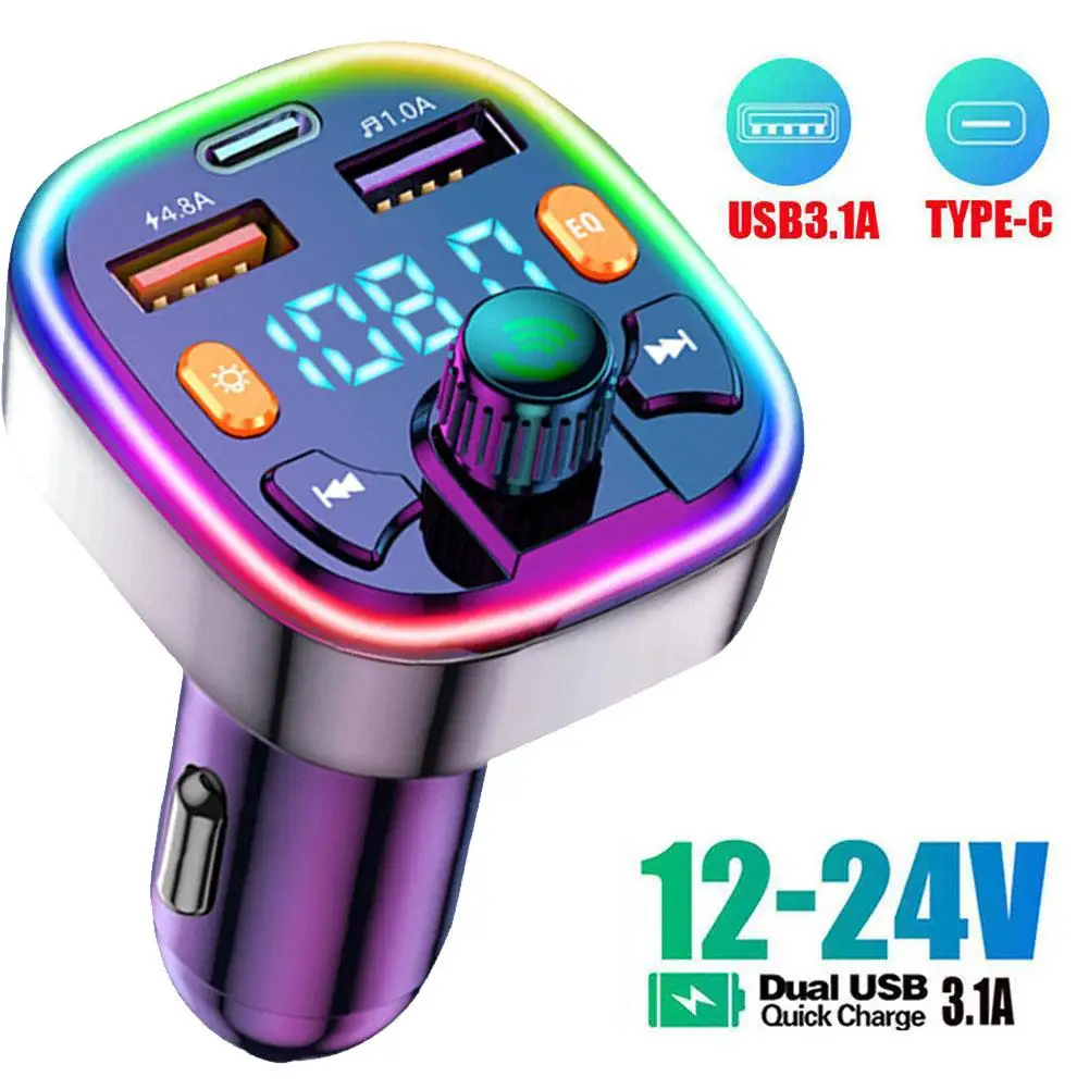 

USB 3.1A Fast Charger Car Bluetooth 5.0 FM Transmitter PD Handsfree Colorful MP3 Type-C Player Light Modulator Ambient Dual M1L3